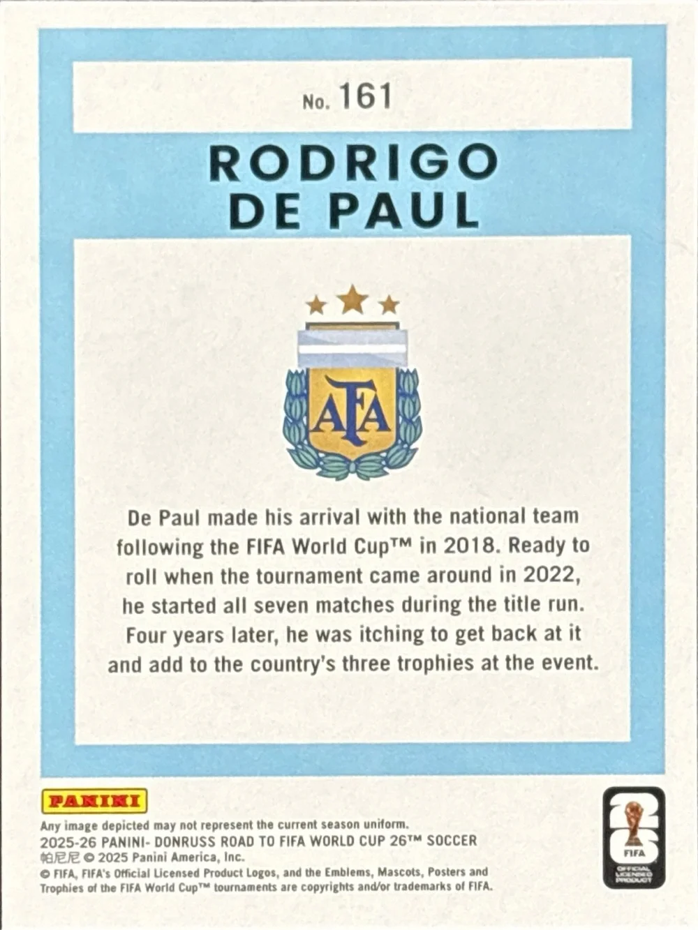 Panini World Cup Rodrigo De Paul Argentina Soccer Trading Card